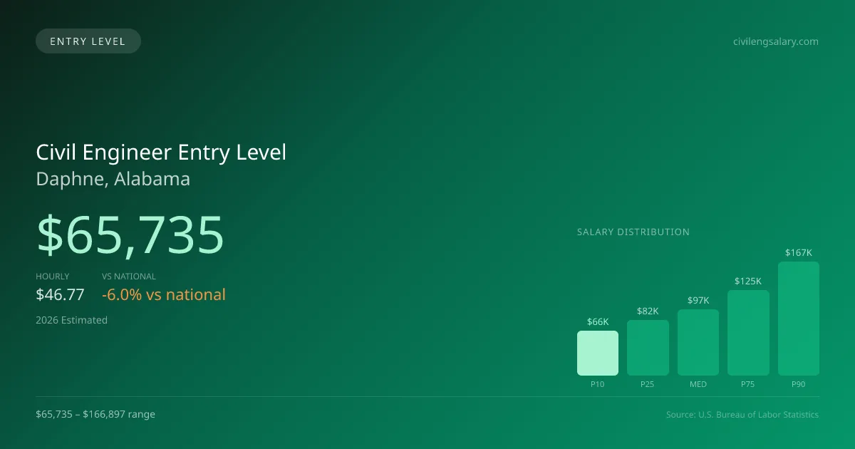 Civil Engineer Entry Level Salary in Daphne, AL — 2026 est., based on 2025 BLS