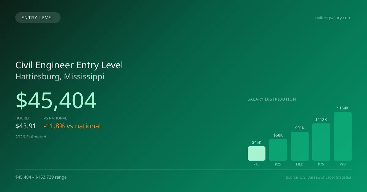 Civil Engineer Entry Level Salary in Hattiesburg, MS — 2026 est., based on 2025 BLS