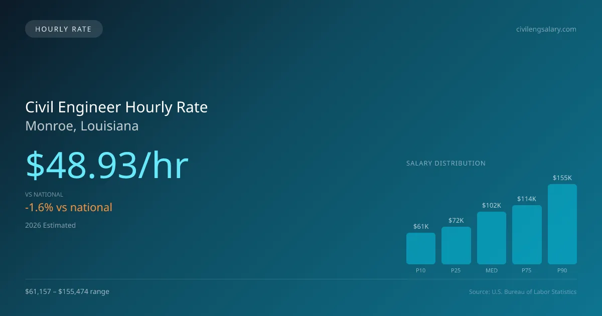 Civil Engineer Hourly Rate in Monroe, LA — 2026 est., based on 2025 BLS