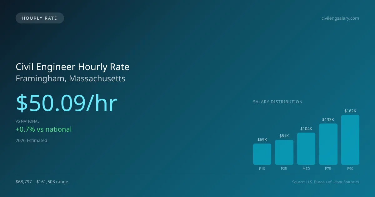 Civil Engineer Hourly Rate in Framingham, MA — 2026 est., based on 2025 BLS