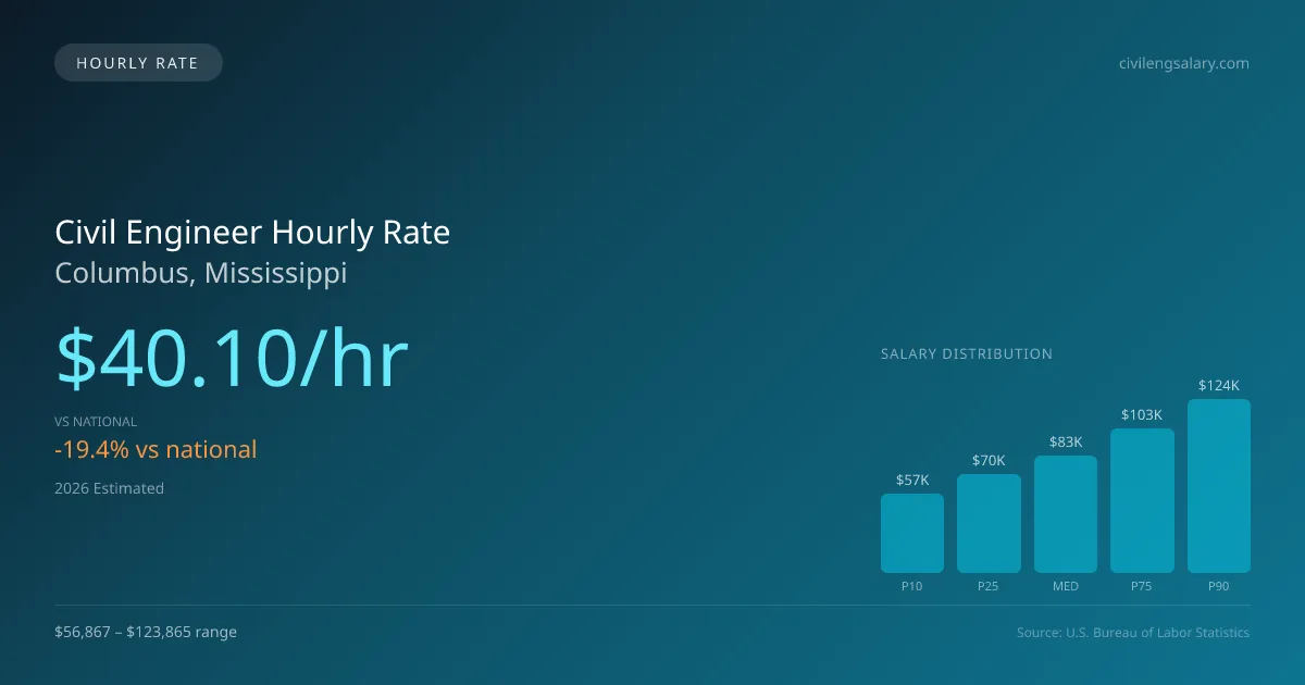 Civil Engineer Hourly Rate in Columbus, MS — 2026 est., based on 2025 BLS