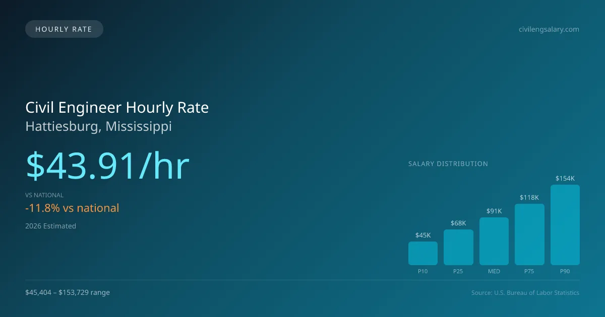 Civil Engineer Hourly Rate in Hattiesburg, MS — 2026 est., based on 2025 BLS
