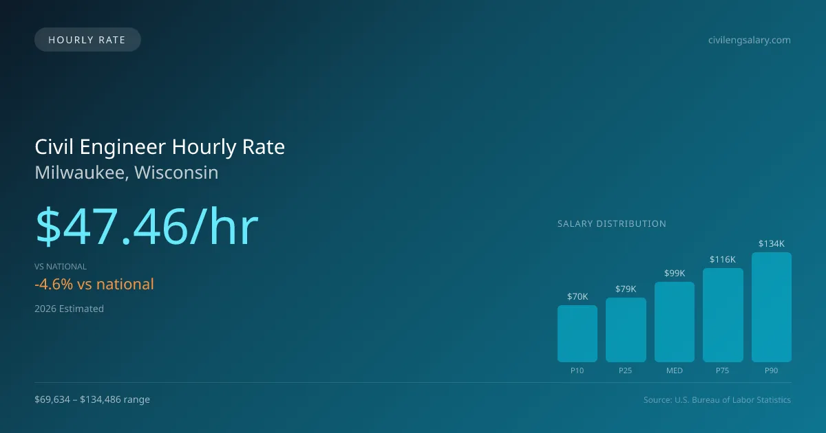 Civil Engineer Hourly Rate in Milwaukee, WI — 2026 est., based on 2025 BLS