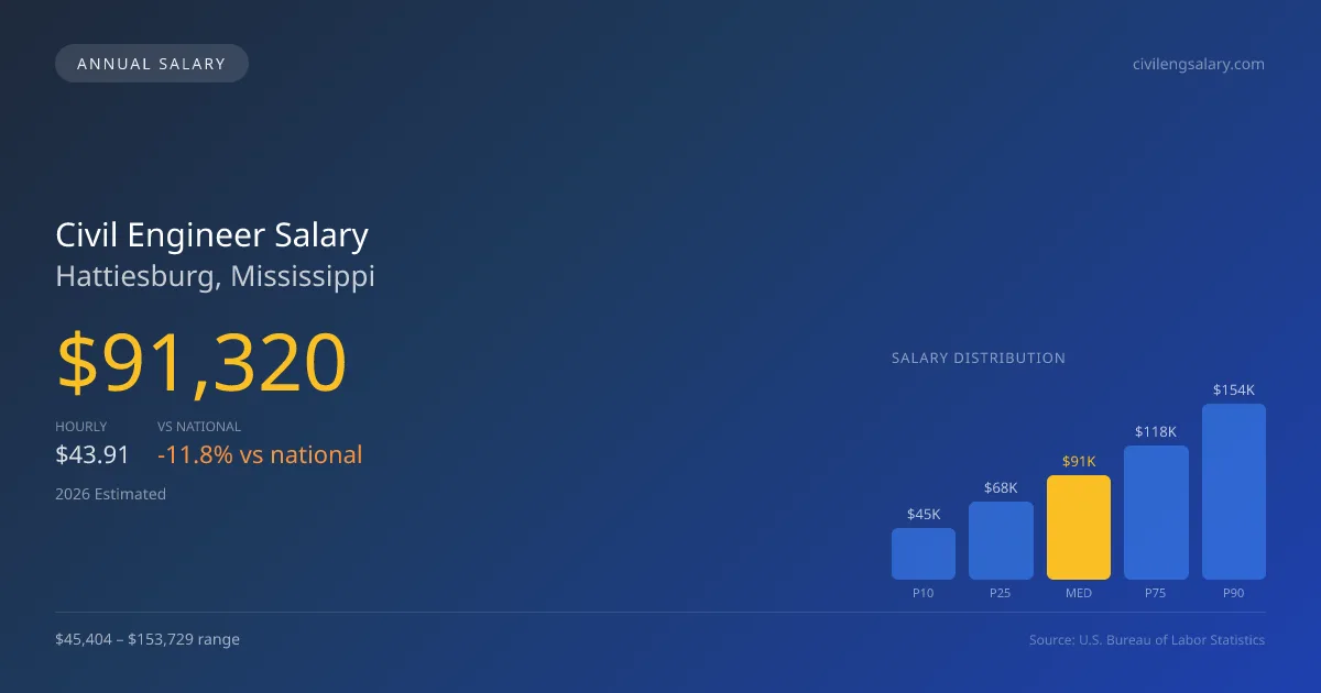 Civil Engineer Salary in Hattiesburg, MS — 2026 est., based on 2025 BLS