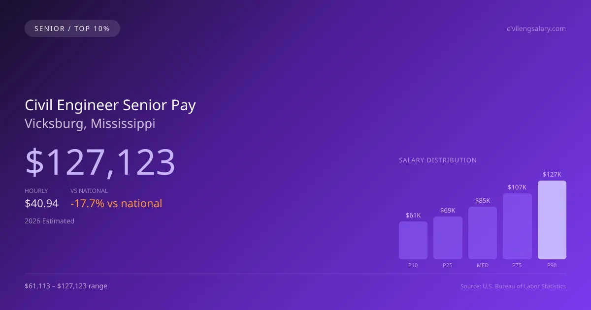 Civil Engineer Senior Salary in Vicksburg, MS — 2026 est., based on 2025 BLS